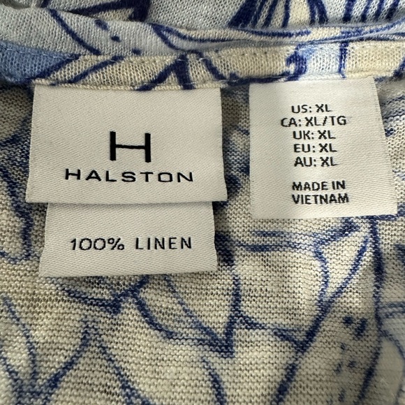 HALSTON 100% Linen Slub Knit Button back Tee Size XL Blue Floral Print - Picture 11 of 12